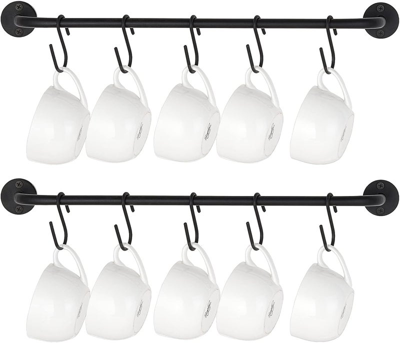 Mkono Mug Holder Wall Mounted Coffee Cup Rack Hanger Modern Metal with 10 Mug Hooks Rustic Utensil Tea Cups Storage Organizer for Kitchen Dining Room Coffee Bar, Set of 2, Black - Image 1